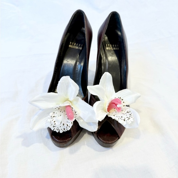 Stuart Weizmann Orchid sandals shoes 6.5 pump heels open toe brown peep-toes - Picture 1 of 5